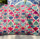 Suzani Geometric linen cushion, multi-coloured embroidery with mirror work, 35 x 50cm