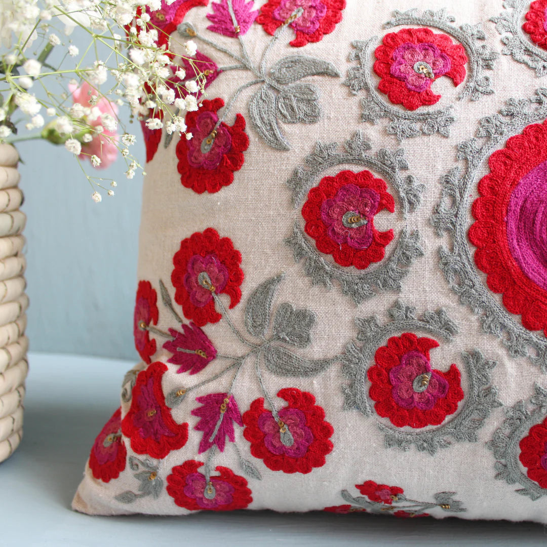 Suzani Red Butah rectangular linen cushion, detail