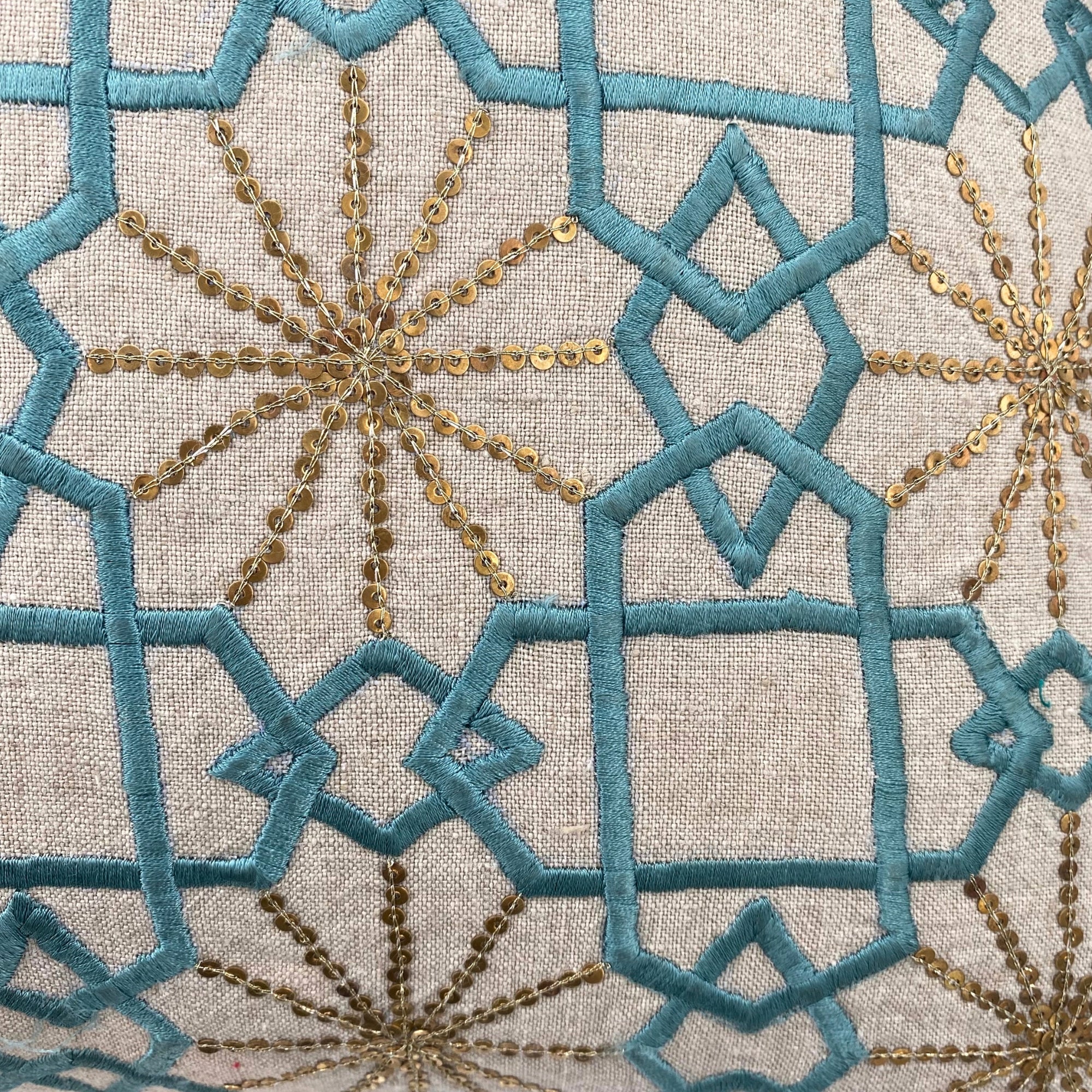 Suzani Teal Silk Sitara cushion, teal silk with metallic stars, 45 x 45cm