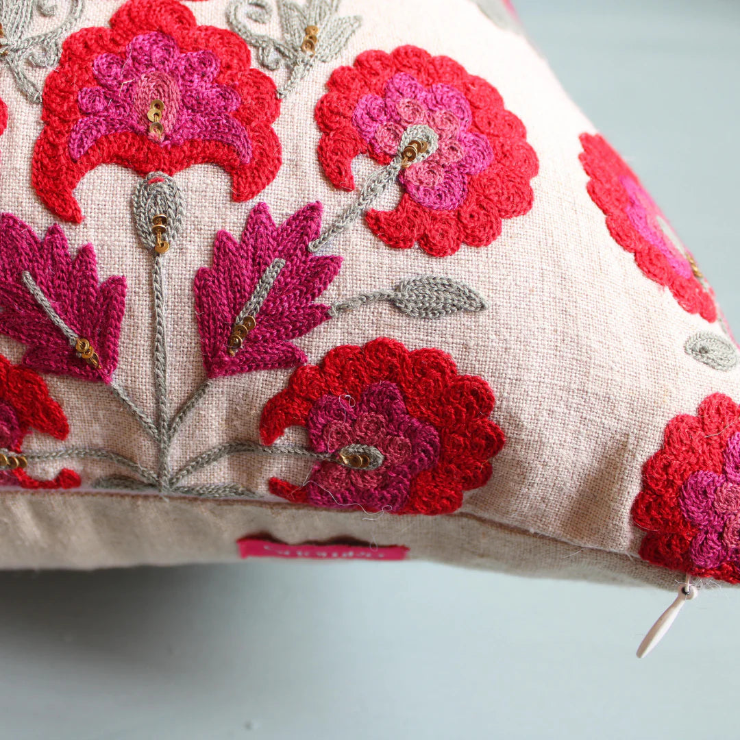 Suzani Red Butah linen cushion, red and pink needlework