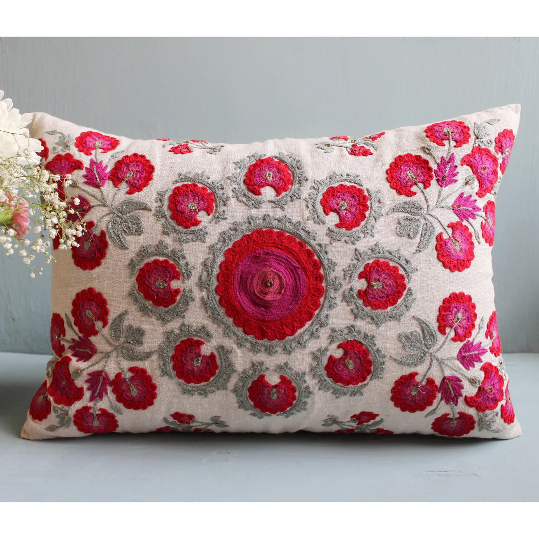 Suzani Red Butah rectangular linen cushion in red, pink and grey, 40 x 50cm