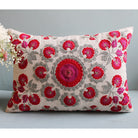 Suzani Red Butah rectangular linen cushion in red, pink and grey, 40 x 50cm