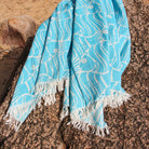 Fish design Turkish beach towel in turquoise, flat weave cotton, 88 x 175cm