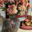 Famille Rose vase in paisley design, deep red with blue and orange, 30cm high