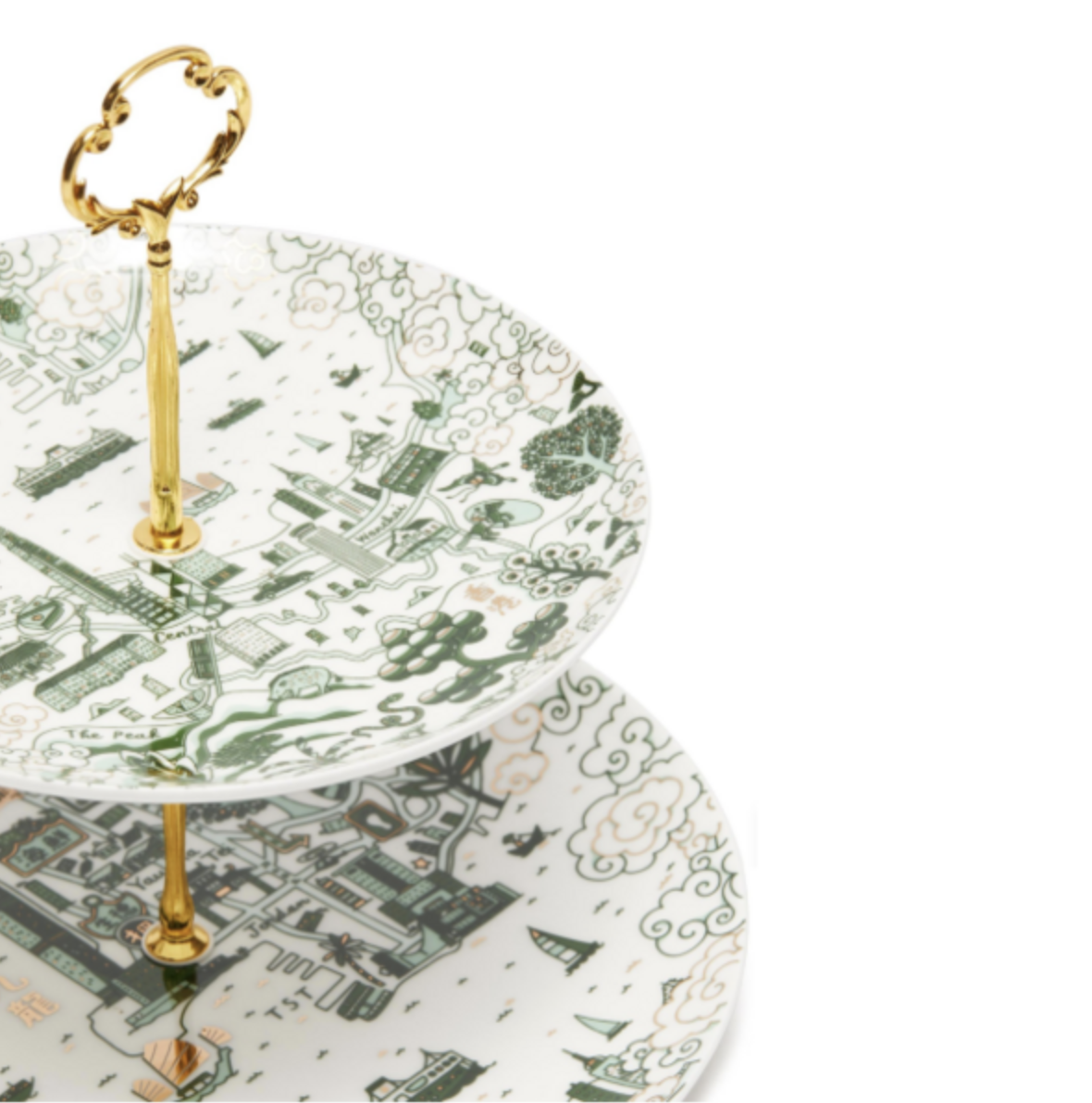 Willow pattern cake stand in green and gold, fine bone china, Hong Kong design, 28cm