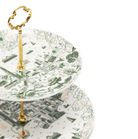 Willow pattern cake stand in green and gold, fine bone china, Hong Kong design, 28cm