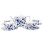 Willow pattern tea set in blue and gold, teapot with four cups and saucers, fine bone china