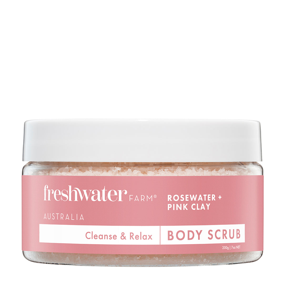 Rosewater and pink clay body scrub jar, front view, naturally derived Australian skincare