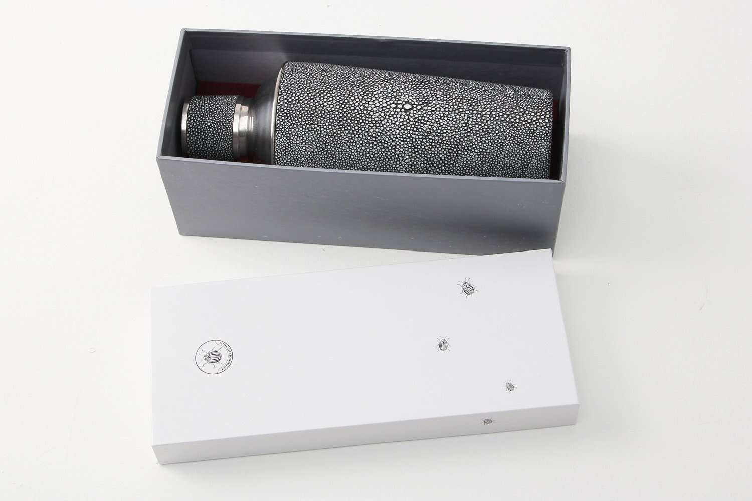 Faux shagreen cocktail shaker in charcoal by Forwood Design, stainless steel with built-in strainer