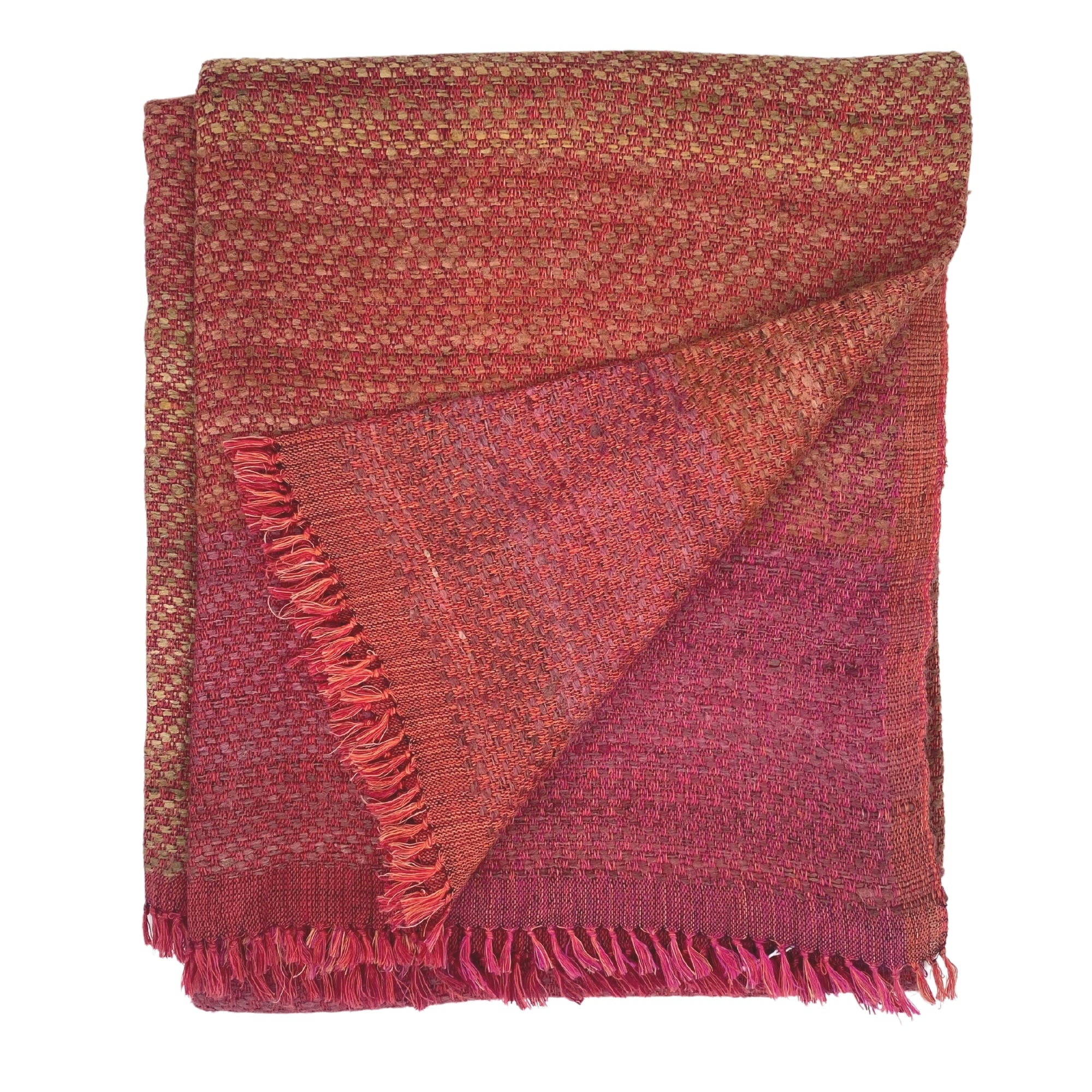 Coral red handwoven striped throw, silk and linen, styled