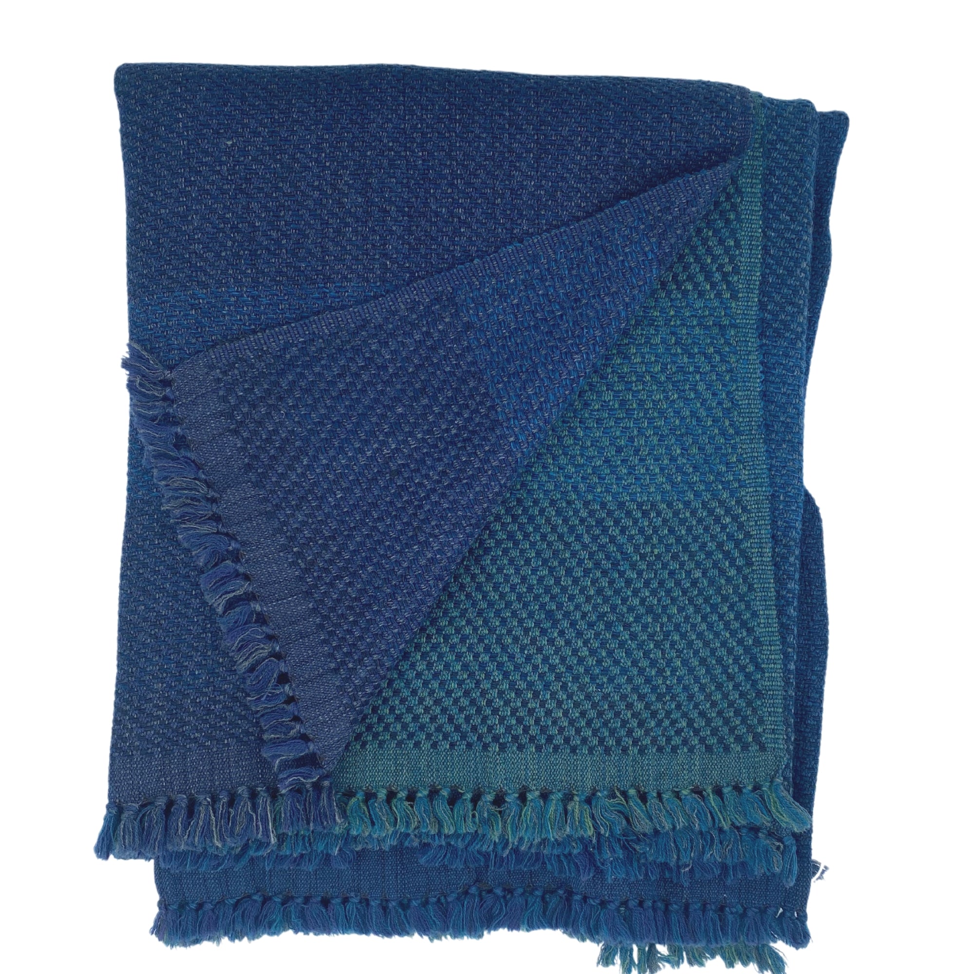 Handwoven silk and linen throw, striped in navy and blue tones, 130 x 170 cm