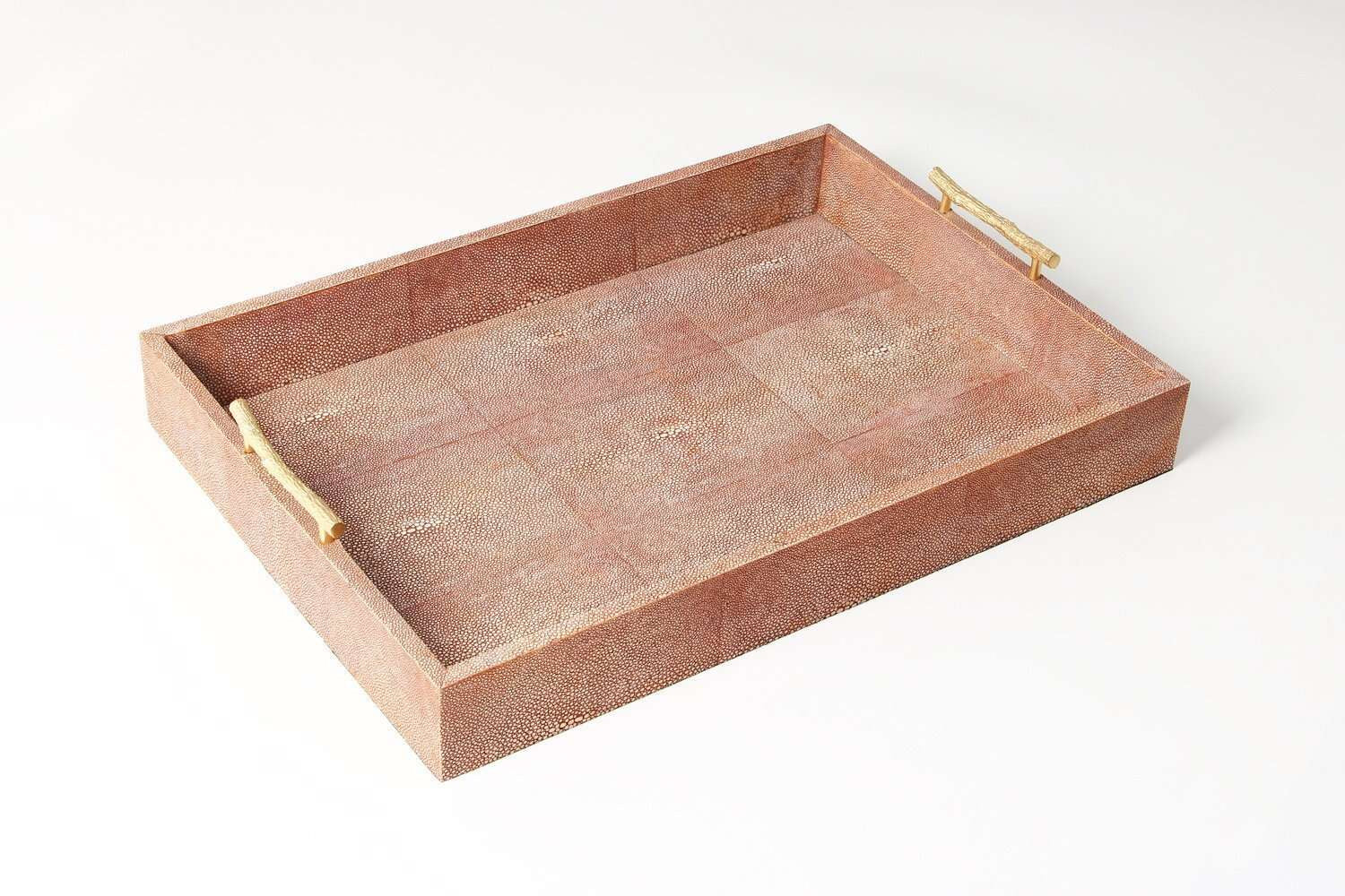 Rectangular serving tray in coral faux shagreen, stainless steel jungle twig handles, Forwood Design