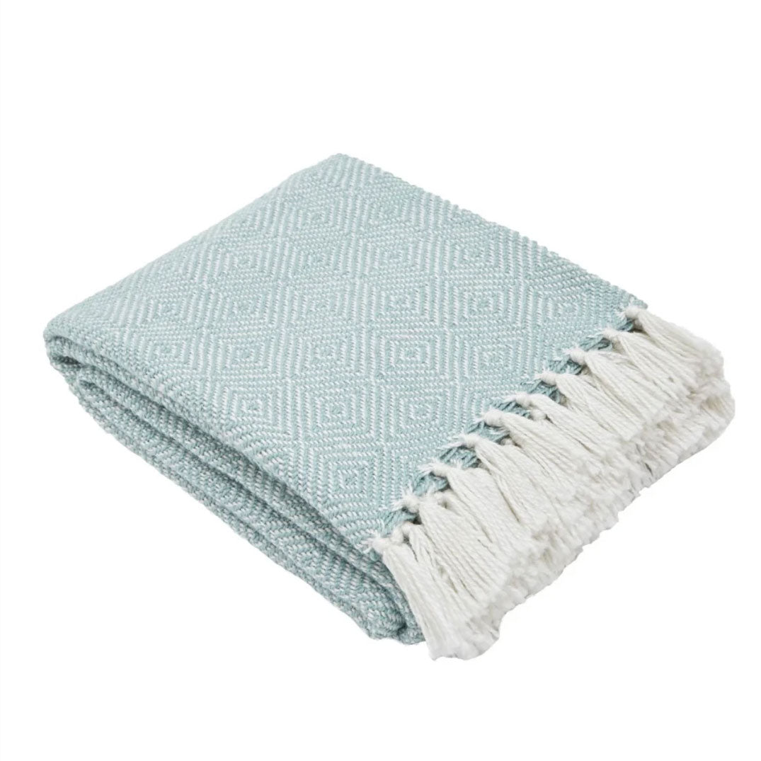 Weaver Green teal diamond blanket, recycled plastic, soft wool feel