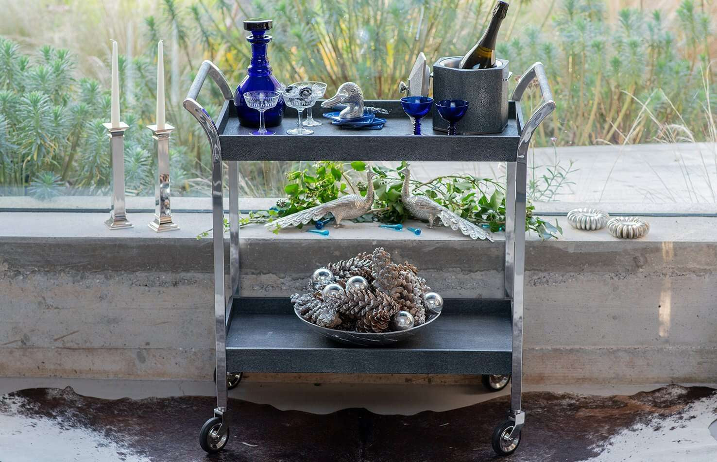 Woodstock drinks trolley in charcoal faux shagreen, 87 x 45 x 90 cm, with arc handles, Forwood Design