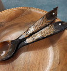 Horn salad servers with carved fish handles, set of two, 26 cm