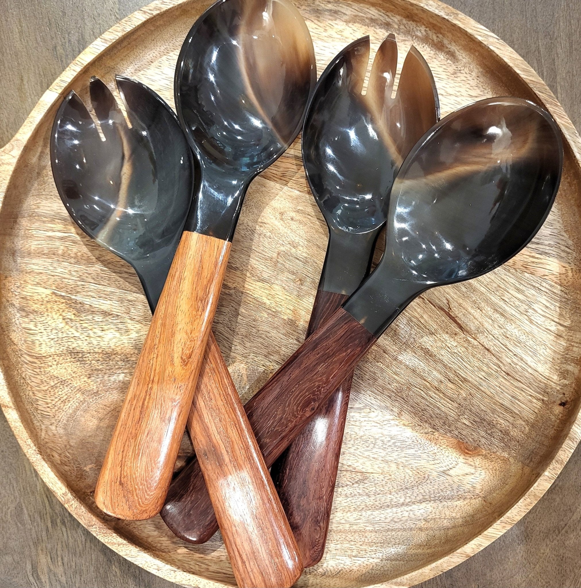 Horn salad servers with plain wooden handles, set of two, handcrafted, 26 cm