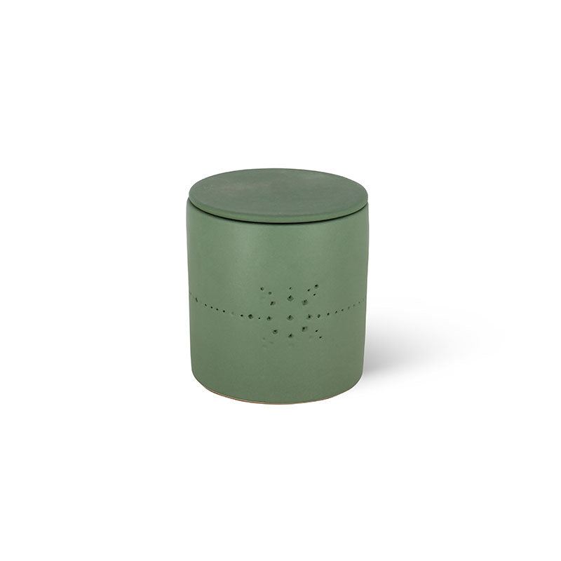 Izza Date candle in kaki ceramic pot, detail view