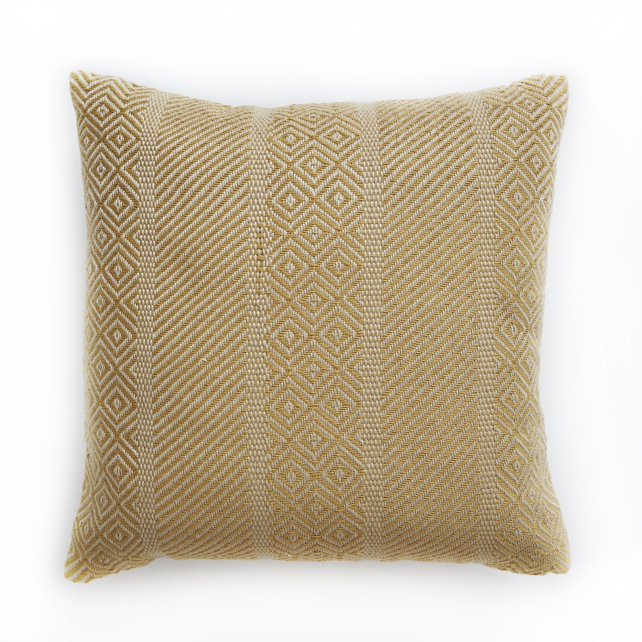 Gold Minerva cushion by Weaver Green, woven from recycled plastic bottles, 45 x 45 cm