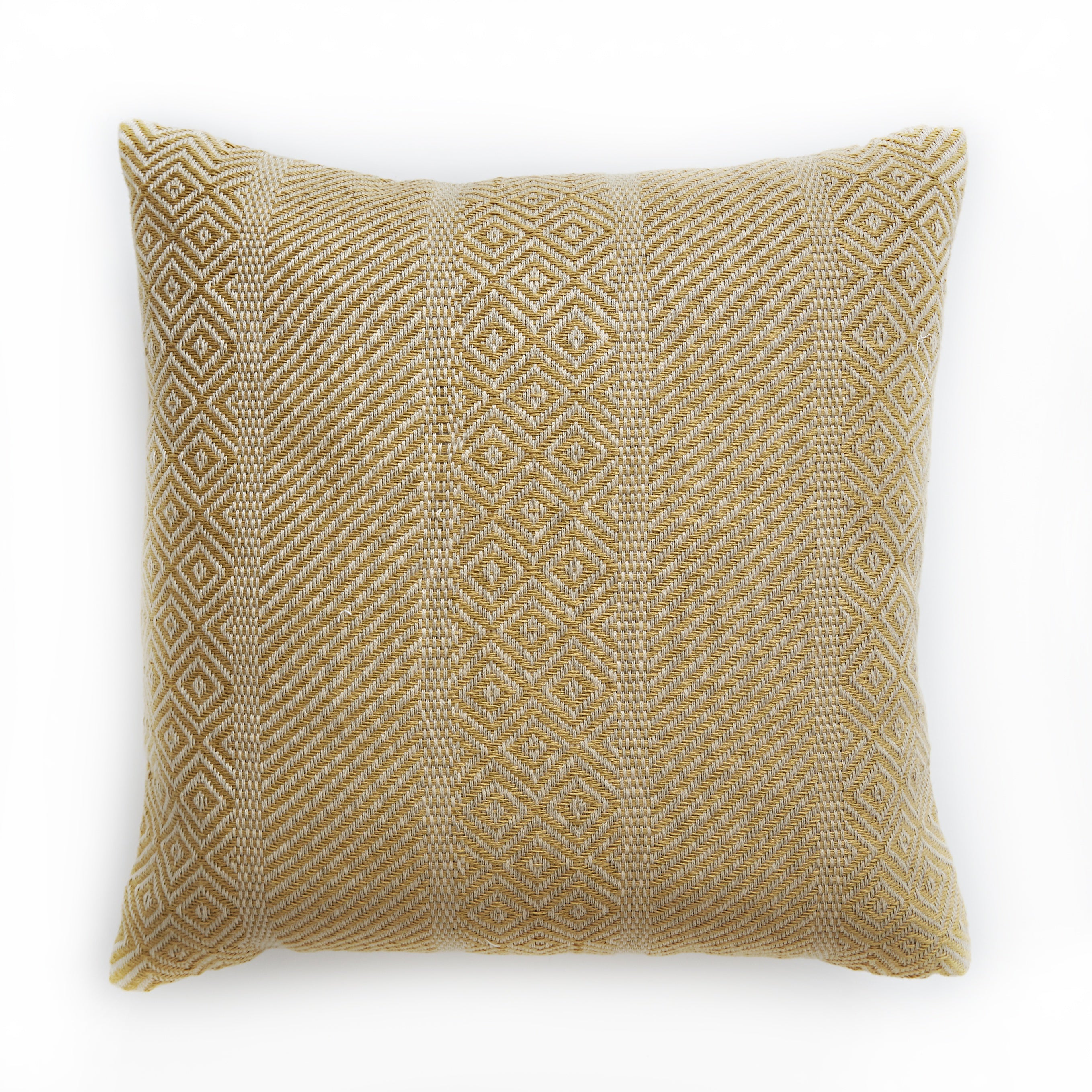 Gold Minerva cushion by Weaver Green, woven from recycled plastic bottles, 45 x 45 cm