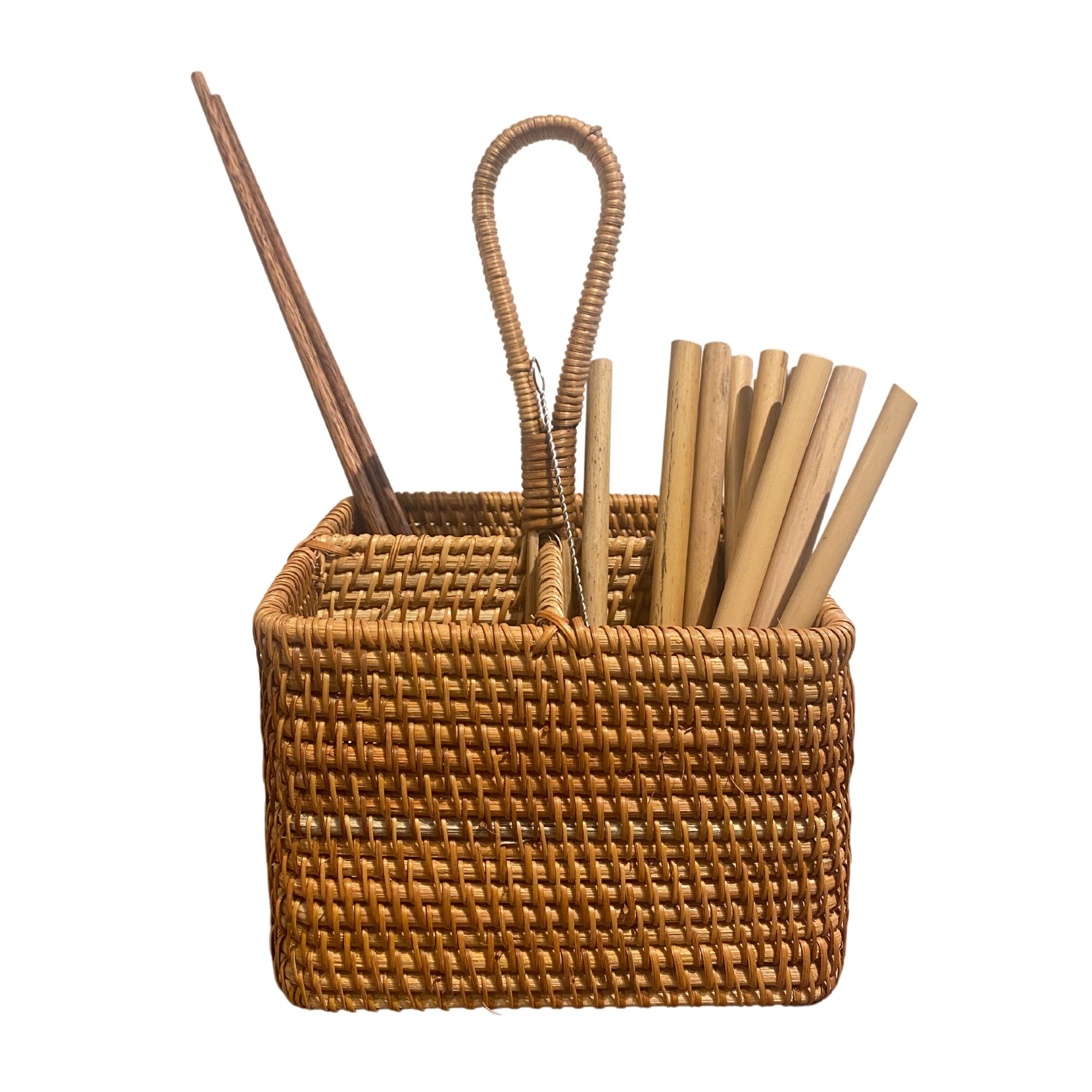 Rattan utensil holder, square, handwoven, styled display