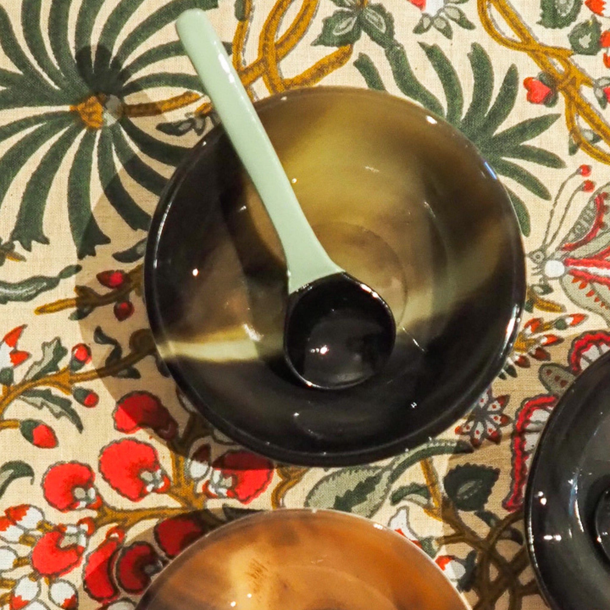 Teal horn and lacquer sauce bowl with spoon, handcrafted
