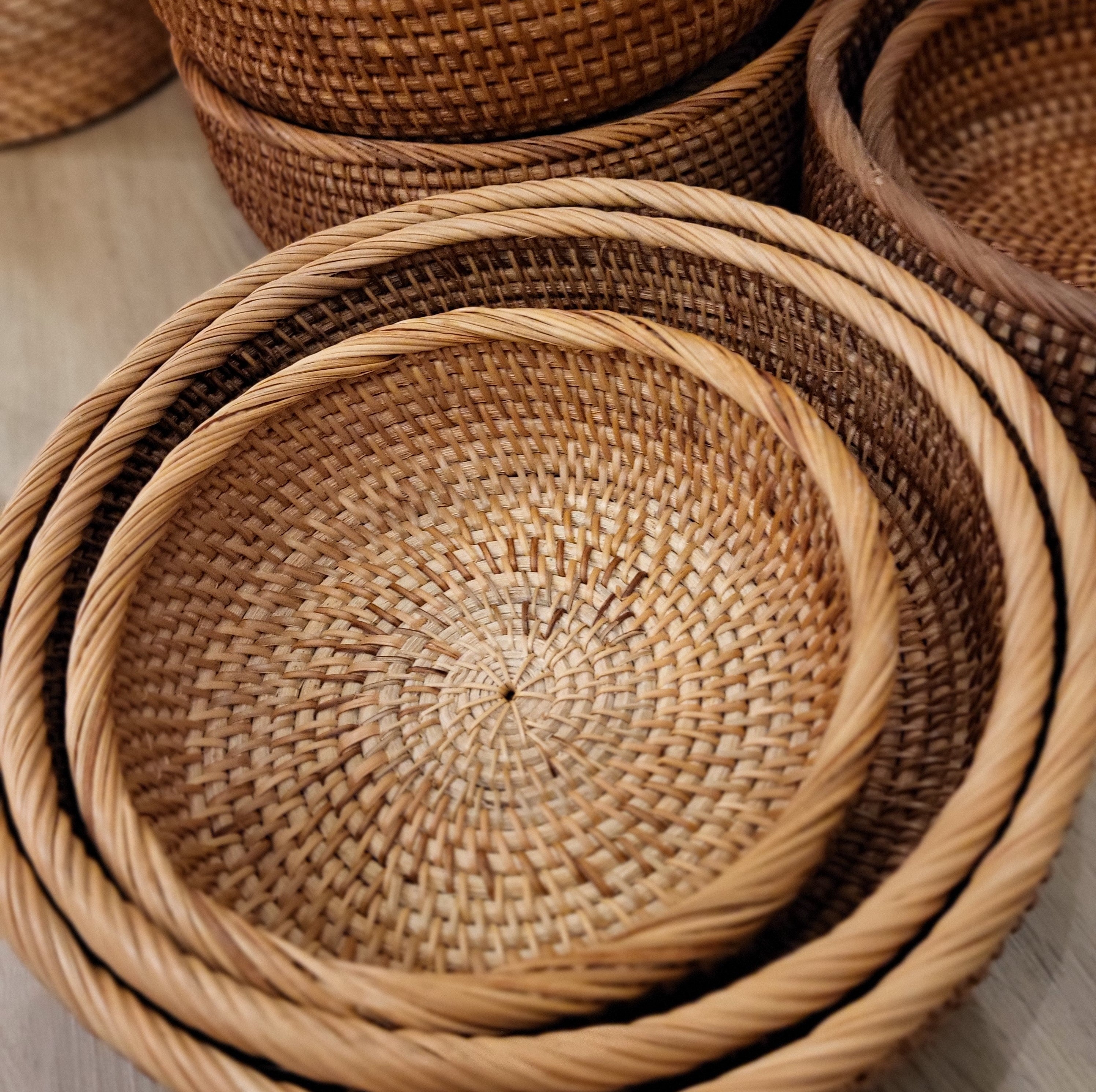 Round rattan basket bowls, set of three, natural handmade rattan