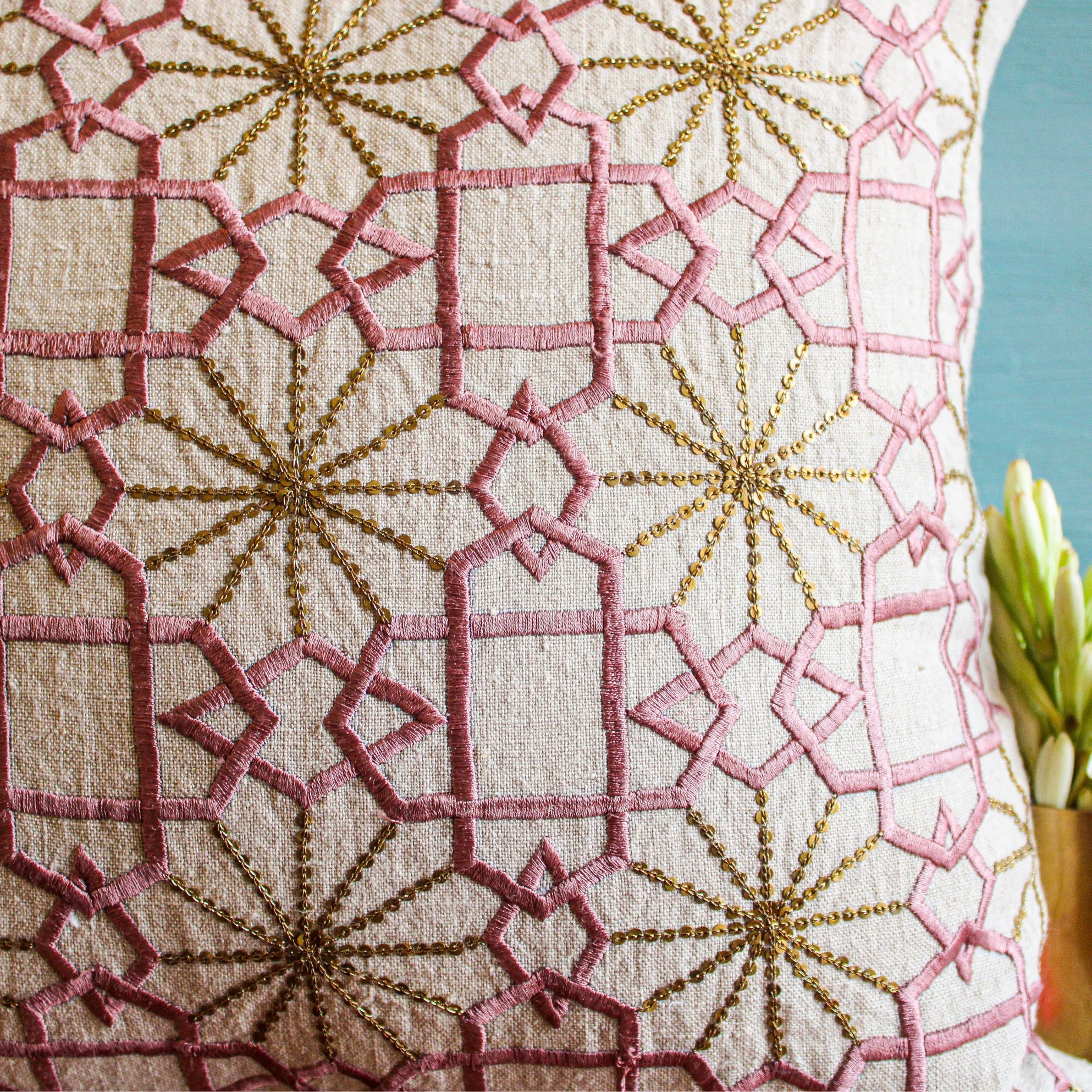 Suzani Pink Silk Sitara linen cushion, detail of silk embroidery