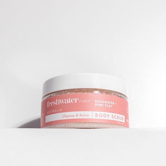Rosewater and Australian pink clay body scrub with shea butter and almond oil, naturally derived