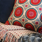 Suzani Kokand linen cushion in red, teal and turquoise with gold sitara, 45 x 45cm