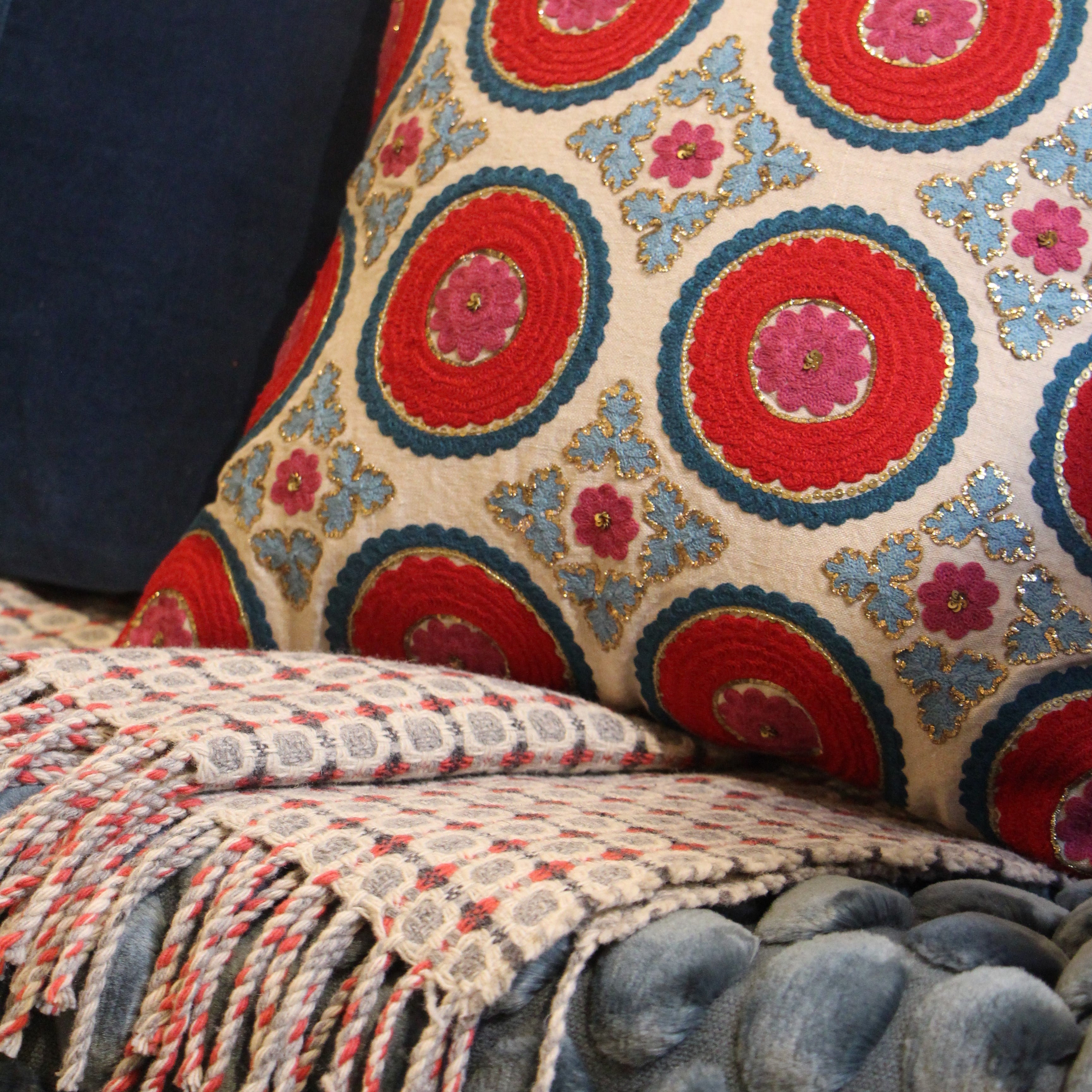 Suzani Kokand linen cushion in red, teal and turquoise with gold sitara, 45 x 45cm