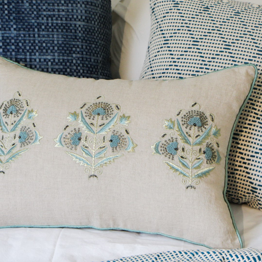 Suzani Sitara linen cushion, teal silk embroidery detail