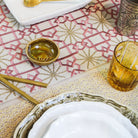 Suzani Pink Silk Sitara linen runner, detail with corner tassel