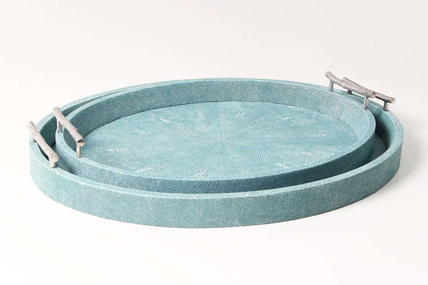 Teal faux shagreen oval serving tray, small size, 55 x 45 x 7 cm