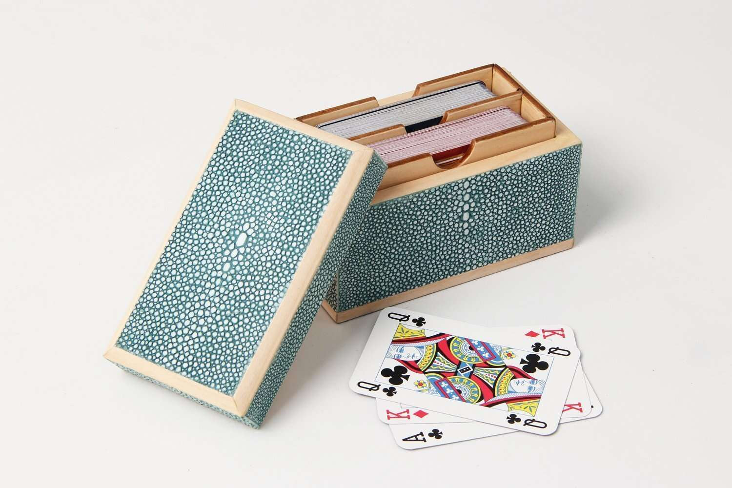 Playing card box in teal faux shagreen with sycamore lining, 12 x 6 x 8 cm, Forwood Design