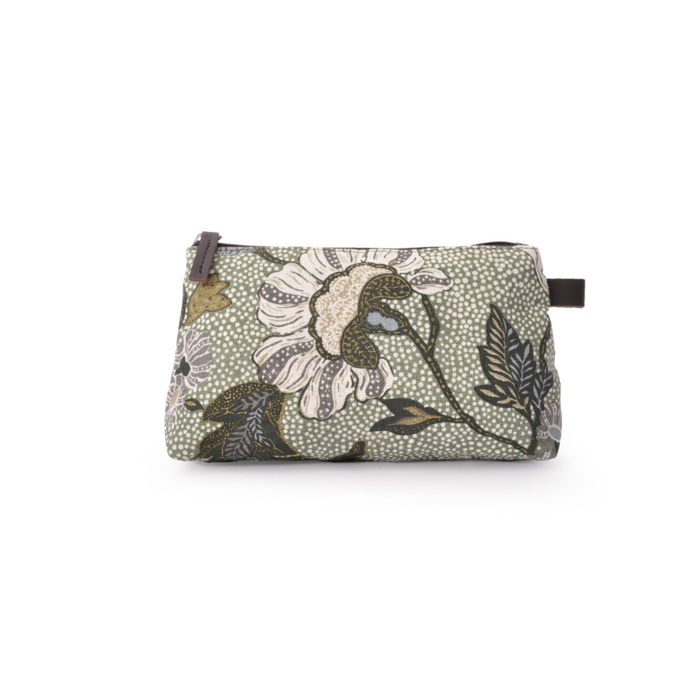 White Flower Linen Cosmetic Bag