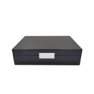 Addison Ross black lacquer watch box with silver clasp and eight compartments