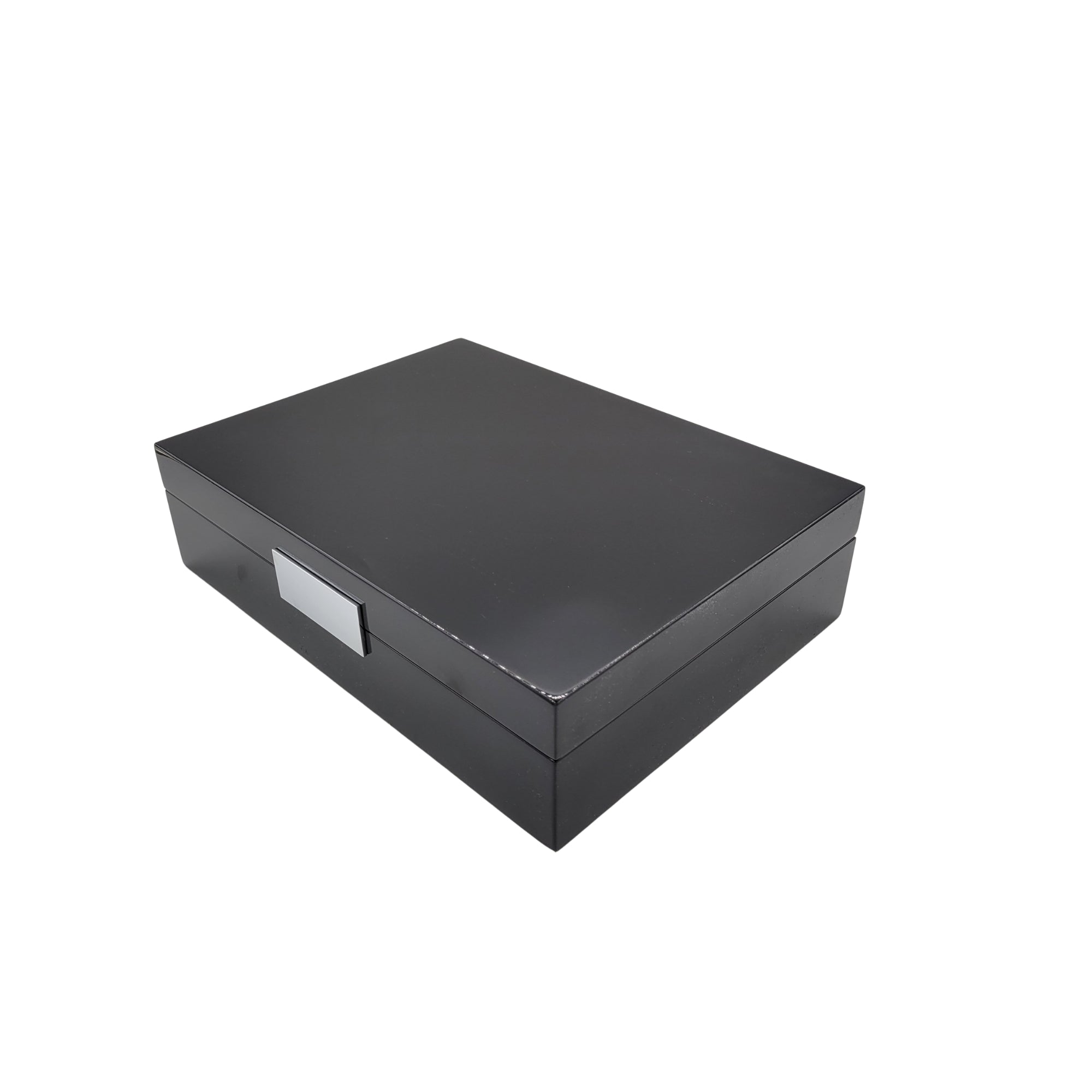 Addison Ross black lacquer watch box with silver hinges
