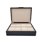 Black high-gloss watch box with cushioned compartments