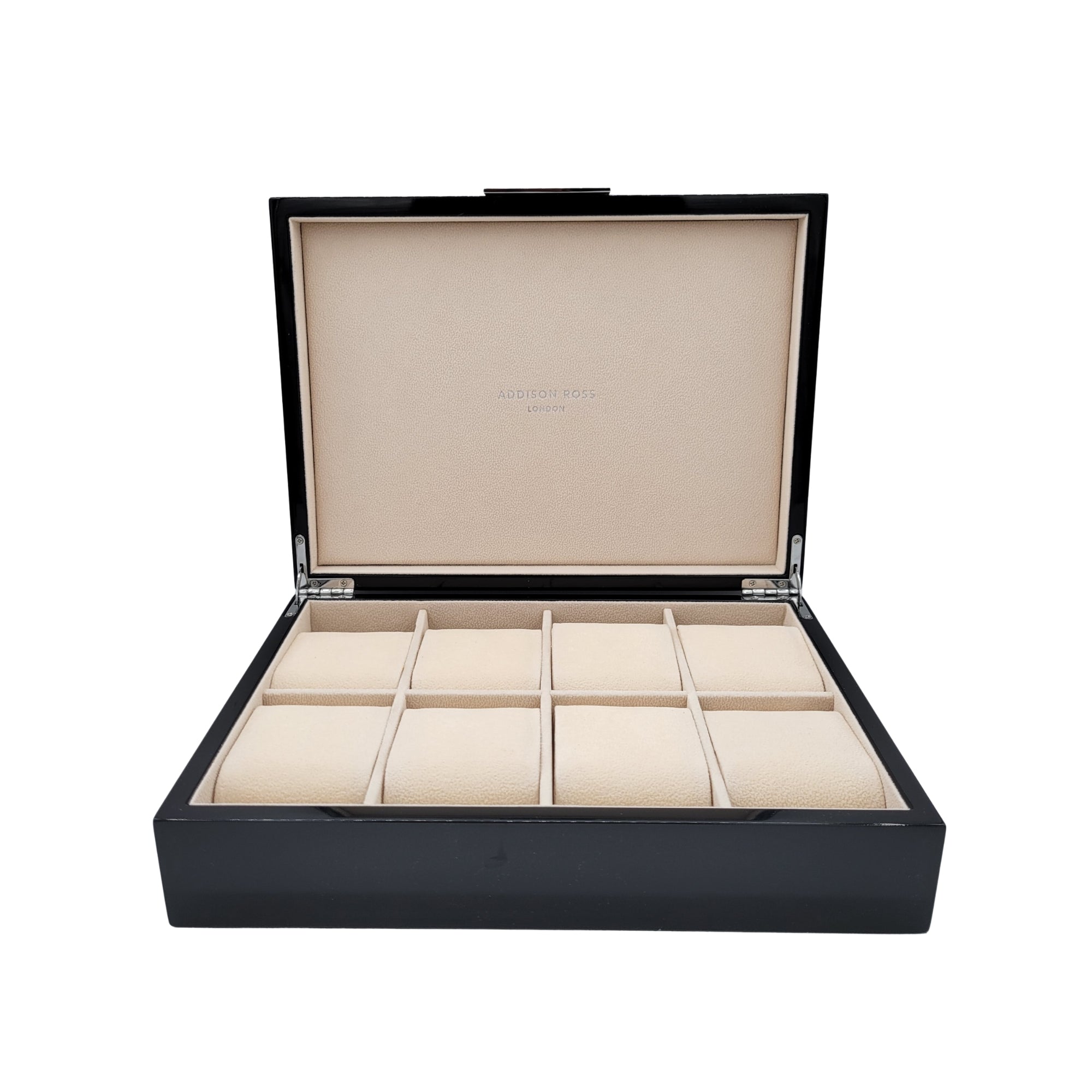 Black high-gloss watch box with cushioned compartments