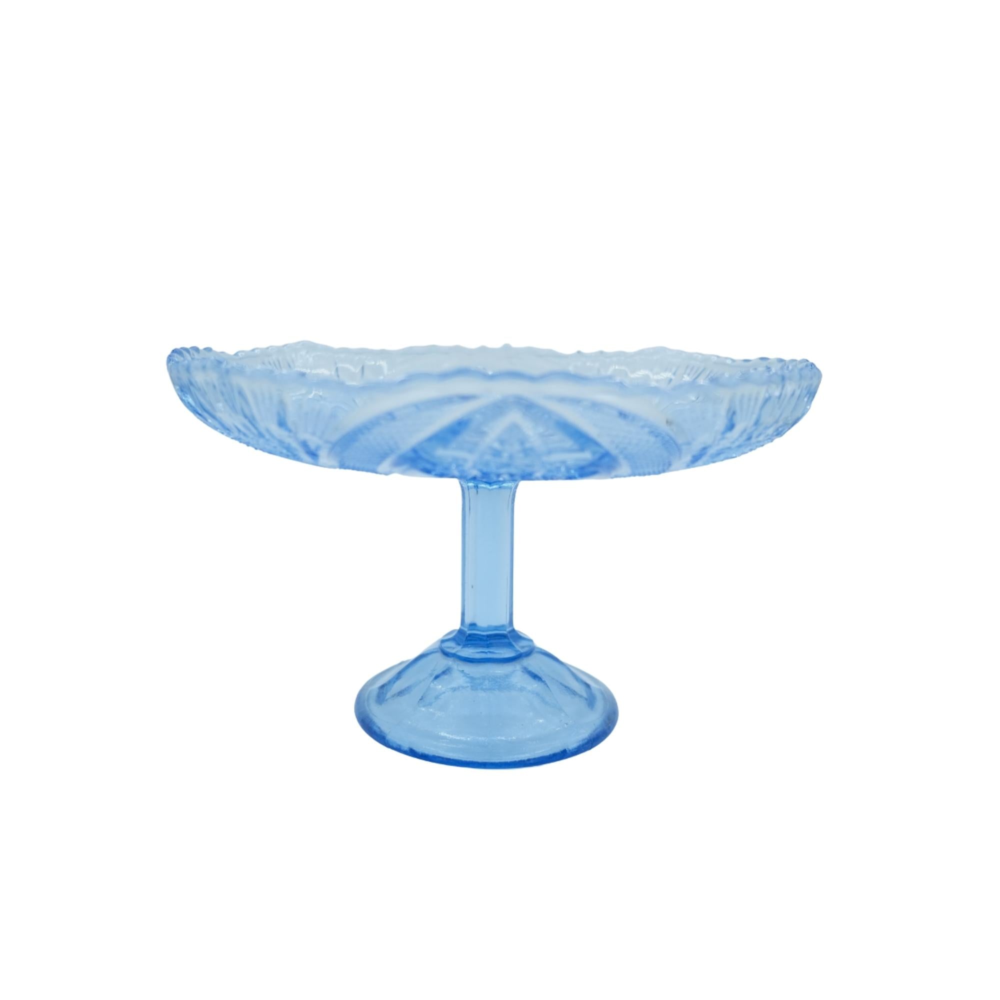 Blue pressed glass cake stand, vintage 20th century glass, All'origine