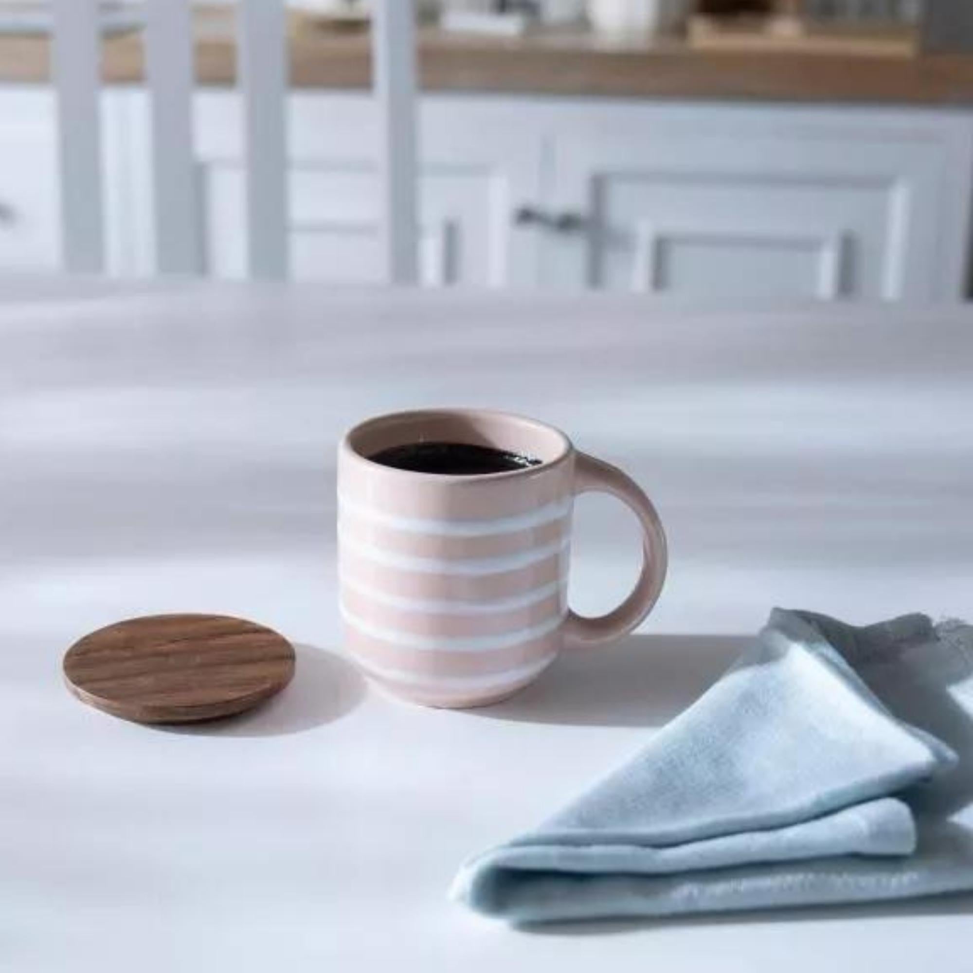 Blush pink striped ceramic mug with a wooden lid coaster, 250 ml