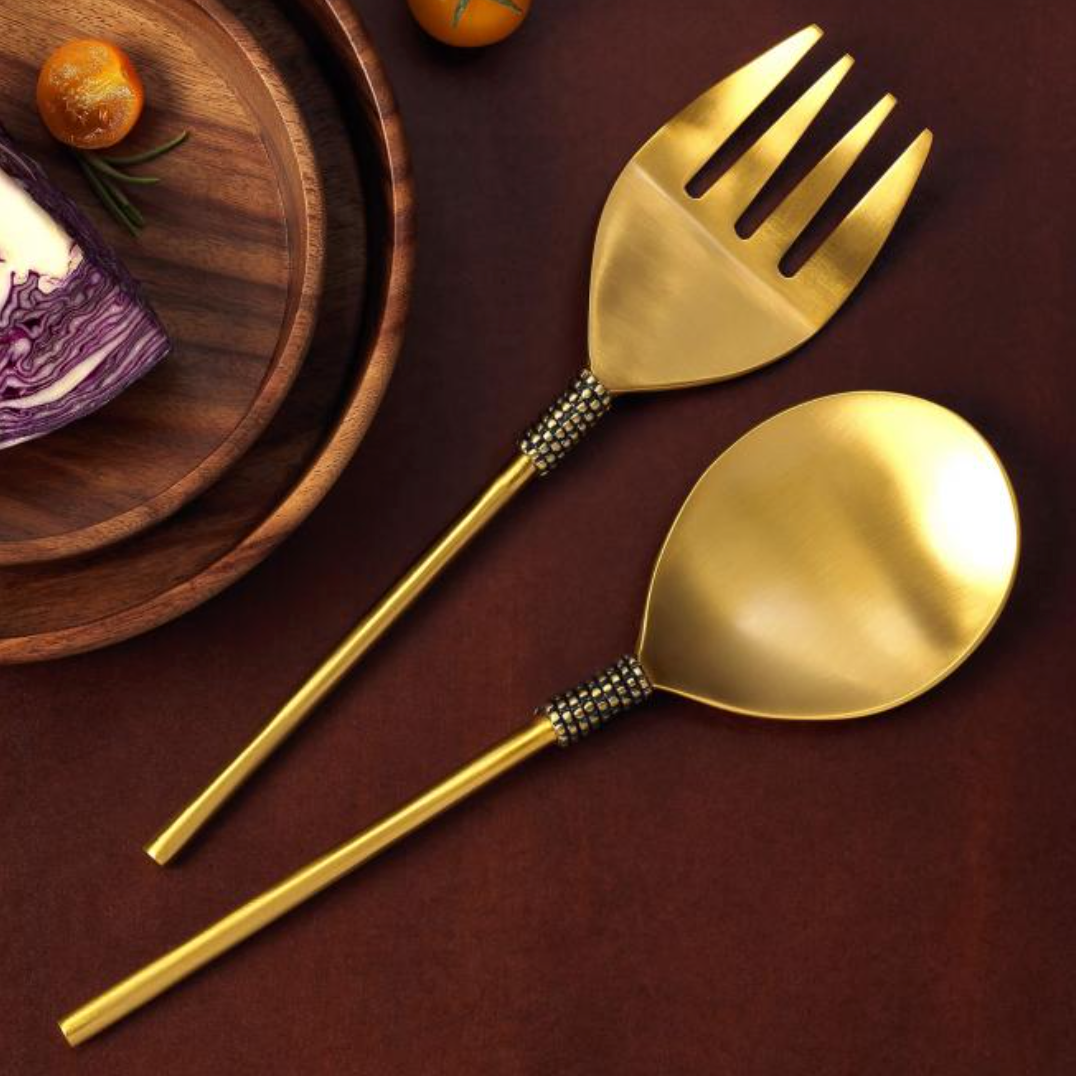 Brass salad servers with gold finish, set of two, detail view