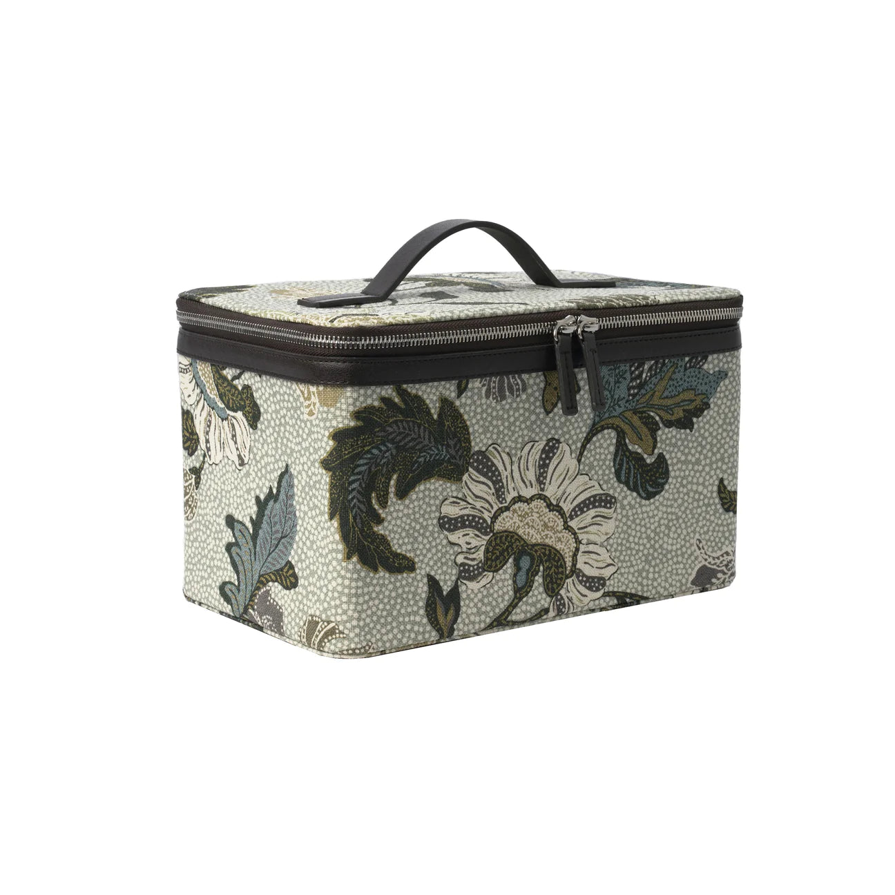 Ceannis beauty box in white flower linen with a firm top handle