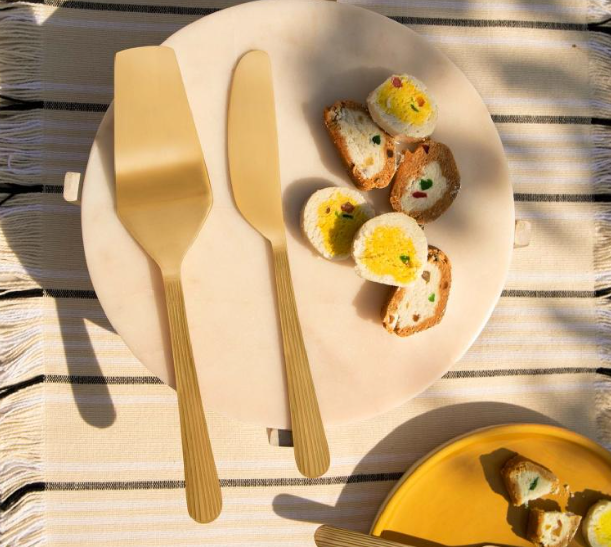 Celestial brass cake server and knife set of 2 with a matte gold finish