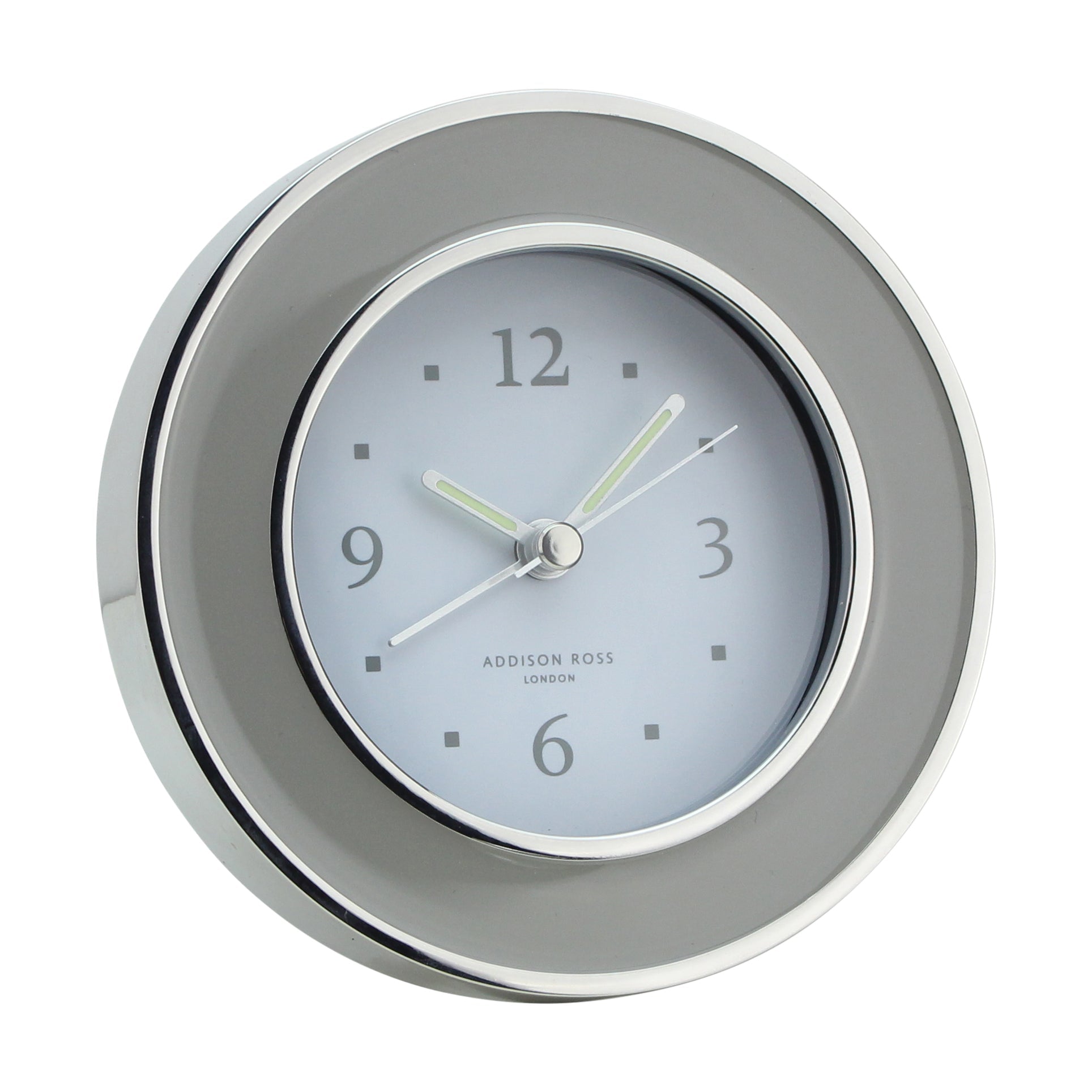 Round chiffon enamel and silver silent alarm clock with glow-in-the-dark hands