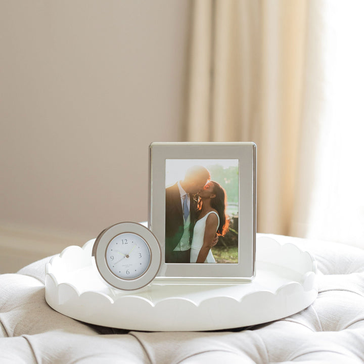 Chiffon enamel and silver alarm clock, silent sweep movement, bedside detail