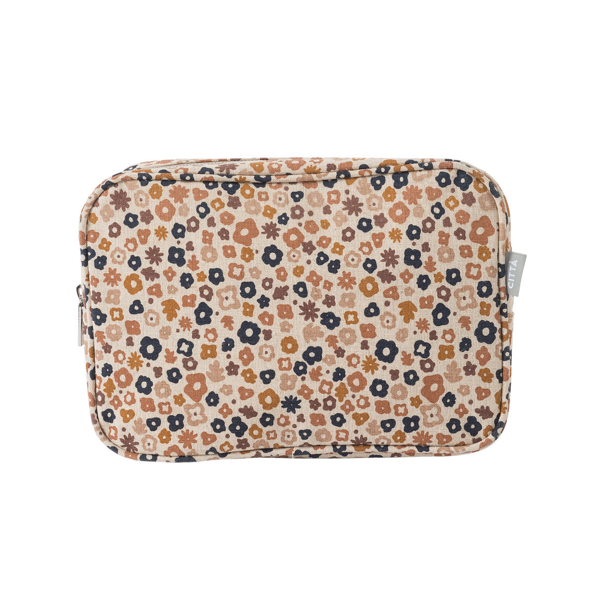 Daisy cosmetic case in pecan with a 70s-inspired floral design
