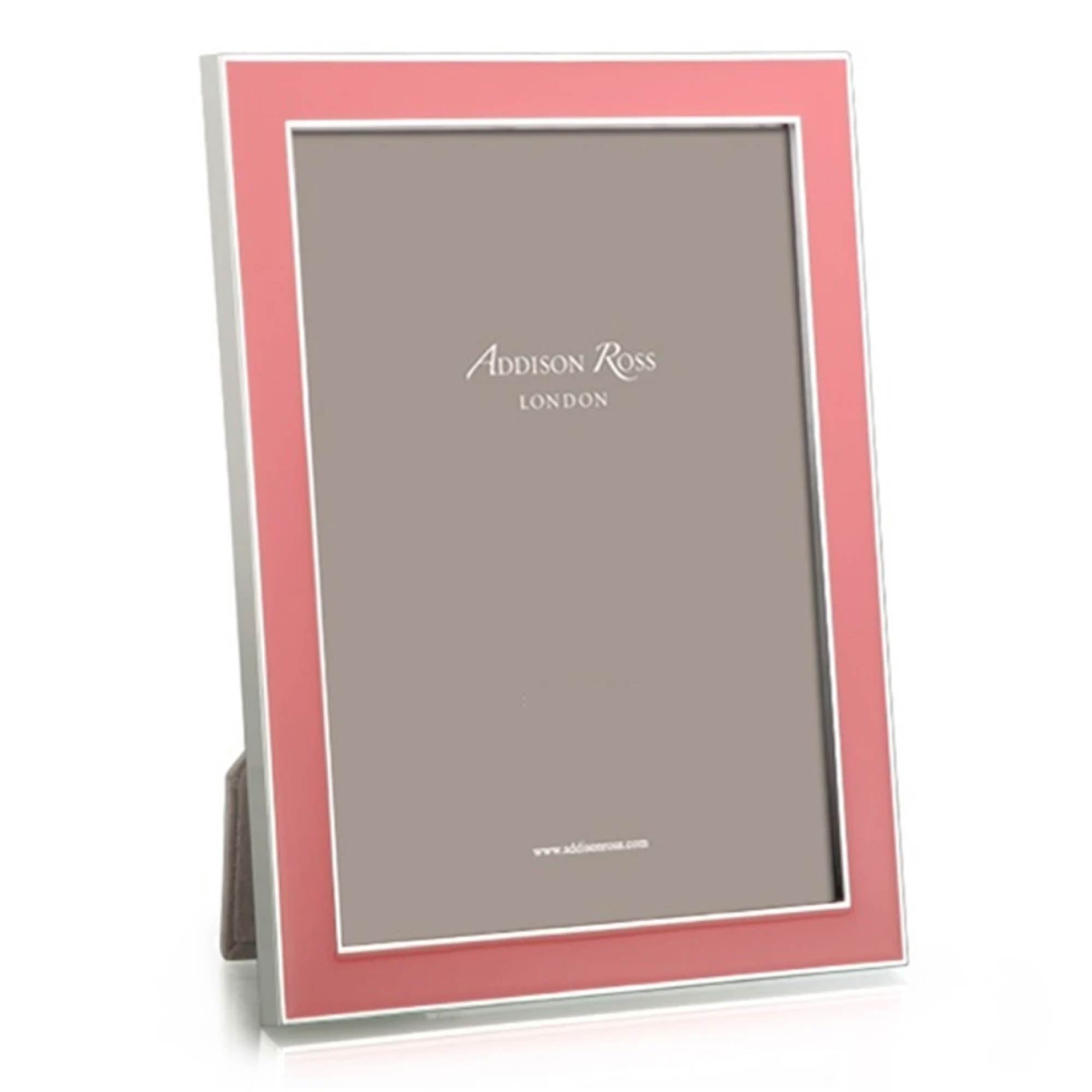 Enamel frame in coral by Addison Ross, 4 x 6 or 5 x 7 inch, silver plate with grey velvet back
