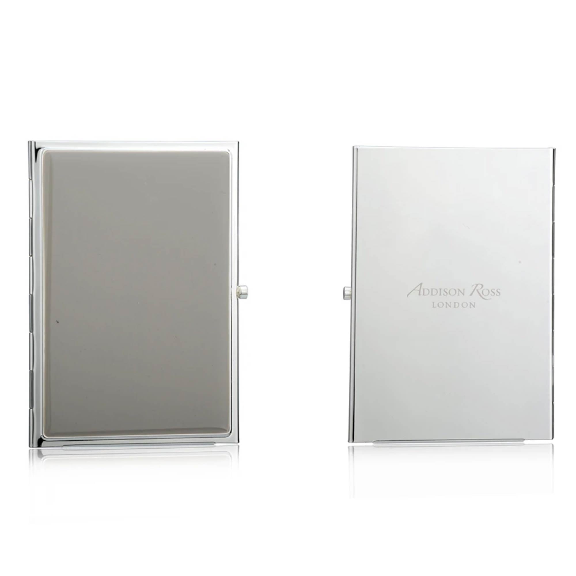 Enamel travel frame double, silver plate and chiffon grey enamel, holds two 2 x 3 inch portraits