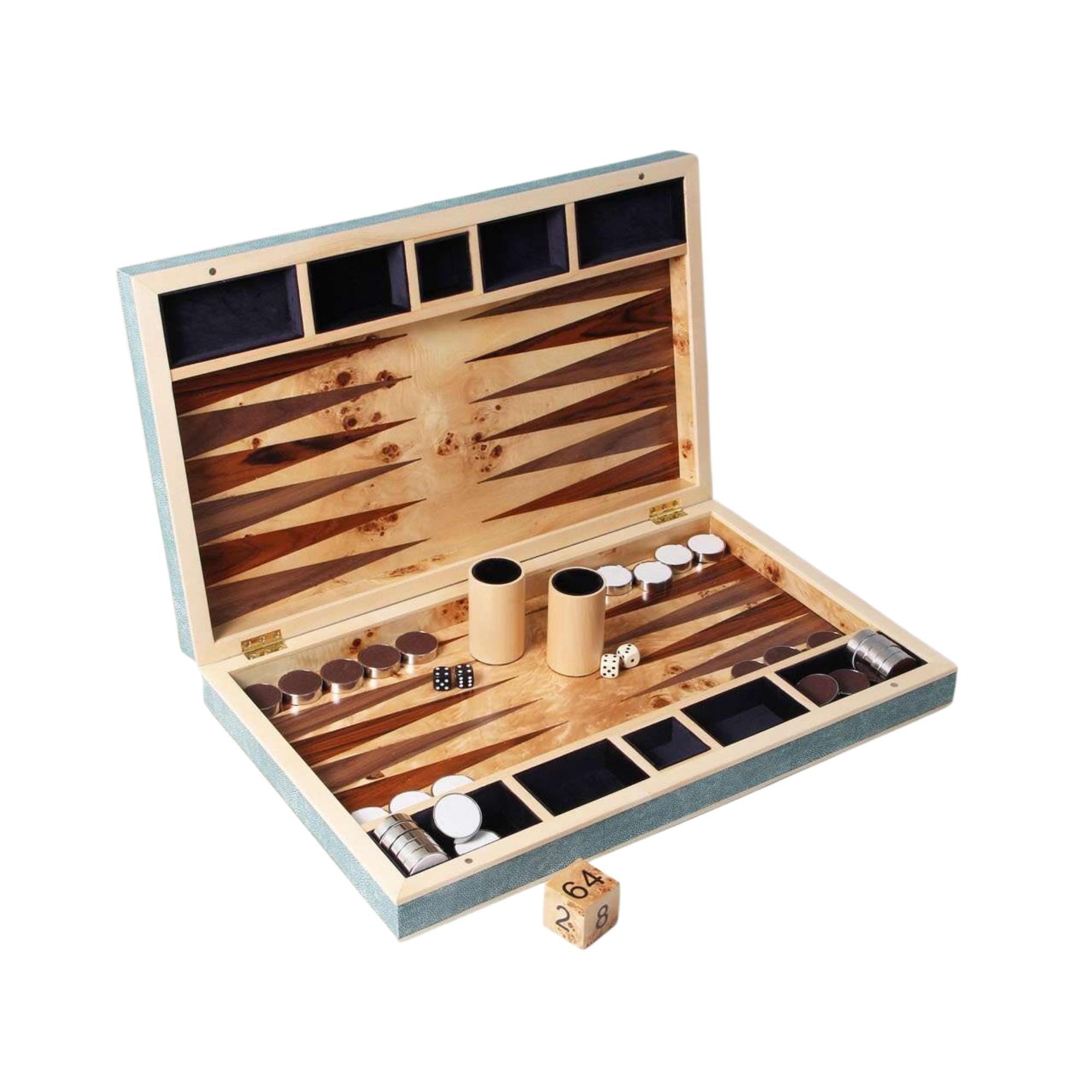 Faux shagreen backgammon board in teal, 54 x 34 x 8 cm, sycamore exterior, Forwood Design
